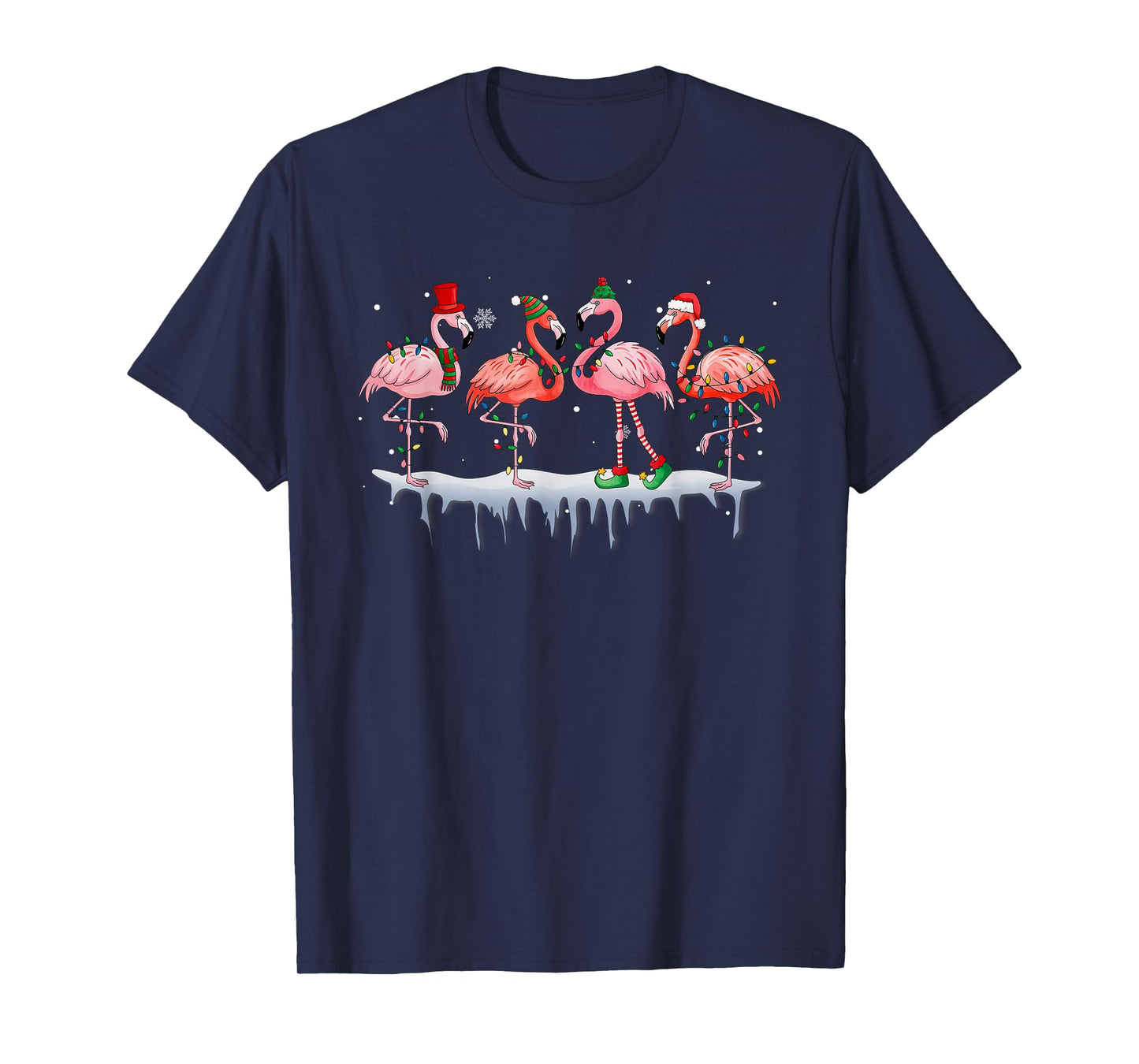 Pink Flamingo Hat Santa Merry Christmas Lights Womens Girls T-Shirt