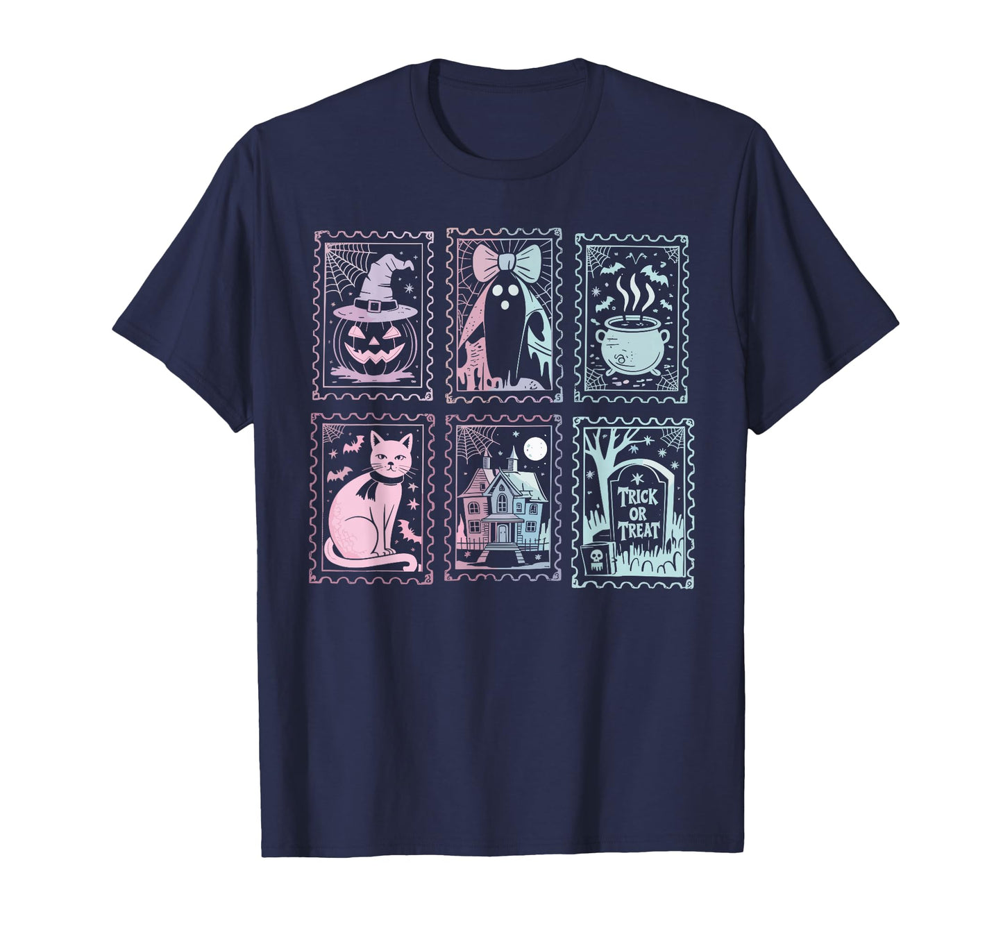 Halloween Stamps Spooky Pumpkin Ghost Cat Witch Skeleton T-Shirt