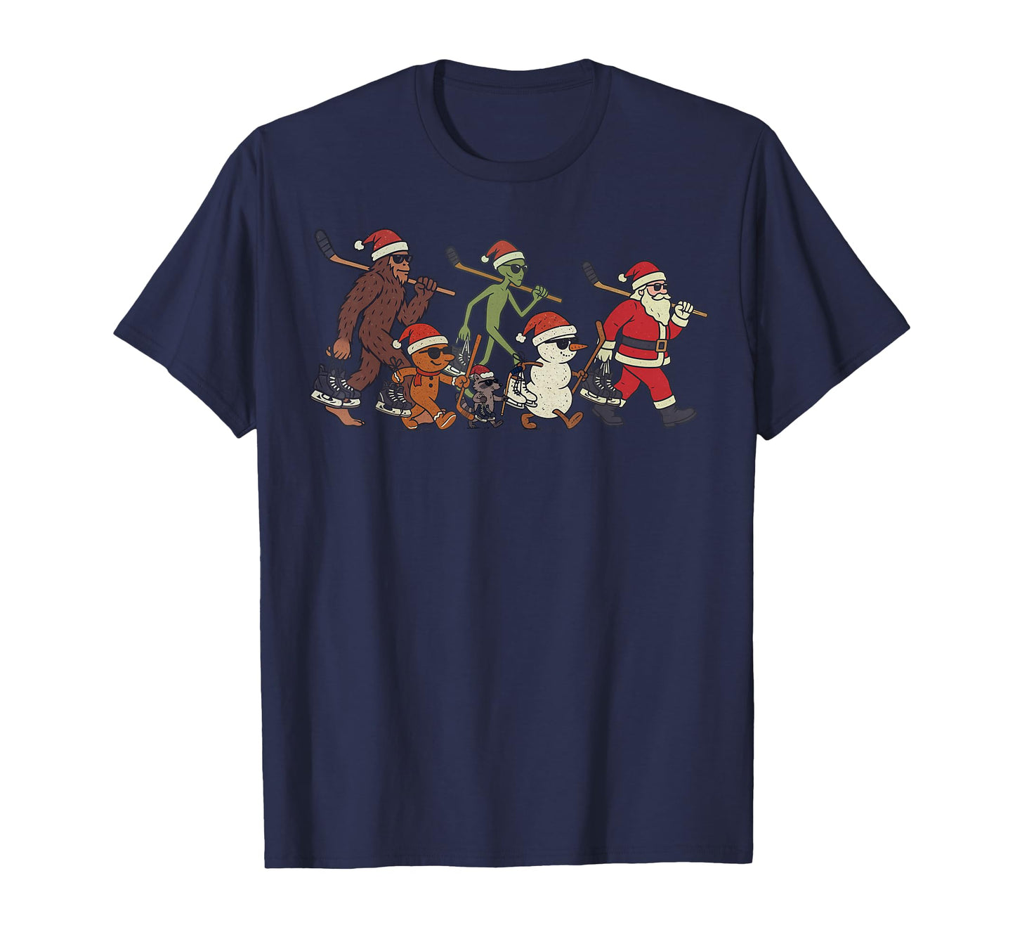 Santa Sasquatch Alien Ice Hockey Christmas Funny Xmas T-Shirt
