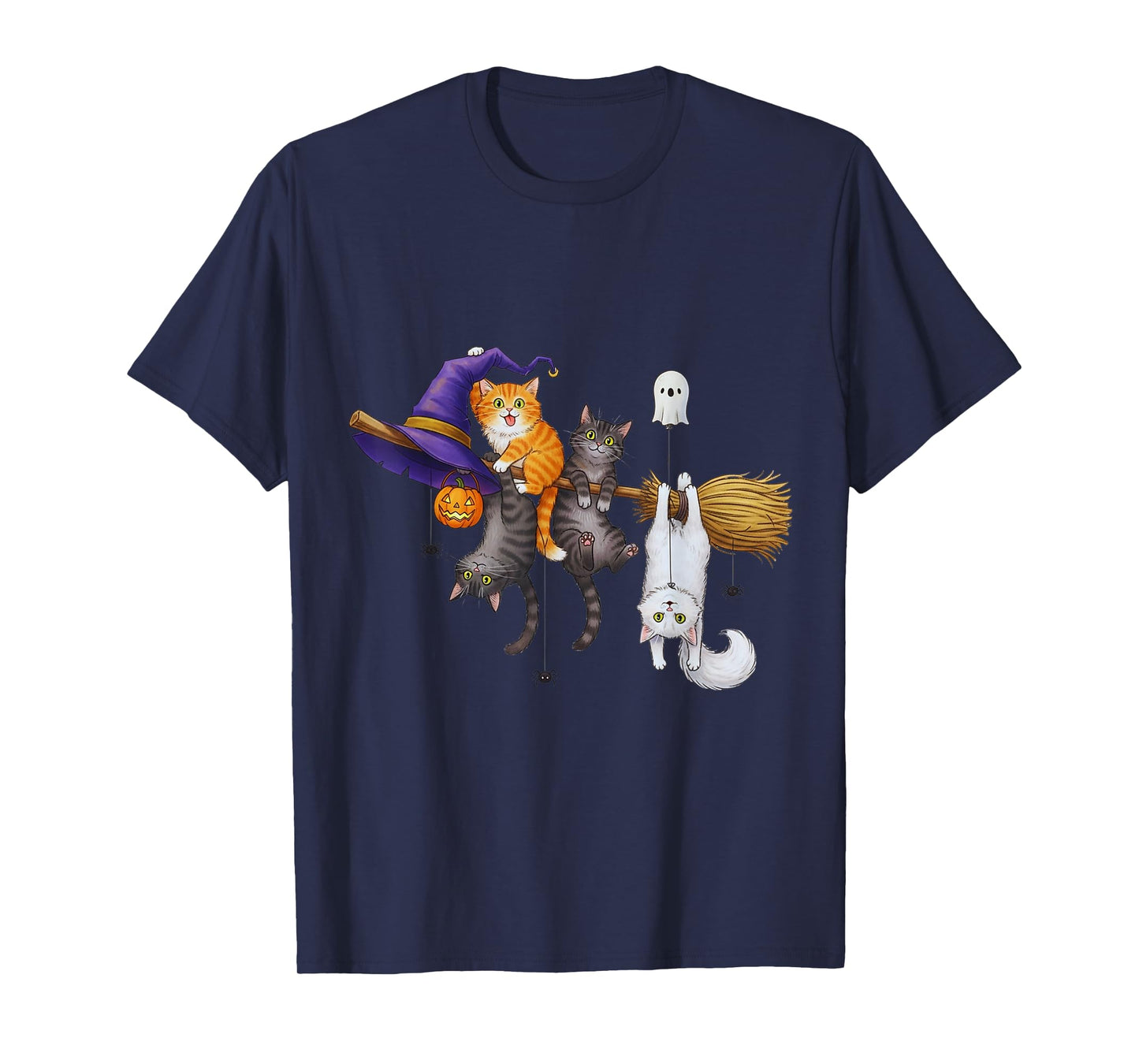 Funny Halloween Cats Hanging on Witch Broom Spooky T-Shirt