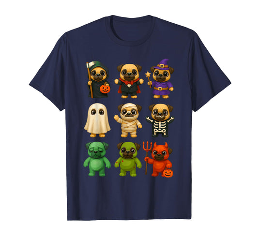 Cute Pug Dogs Witch Pumpkin Skeleton Costume Happy Halloween T-Shirt