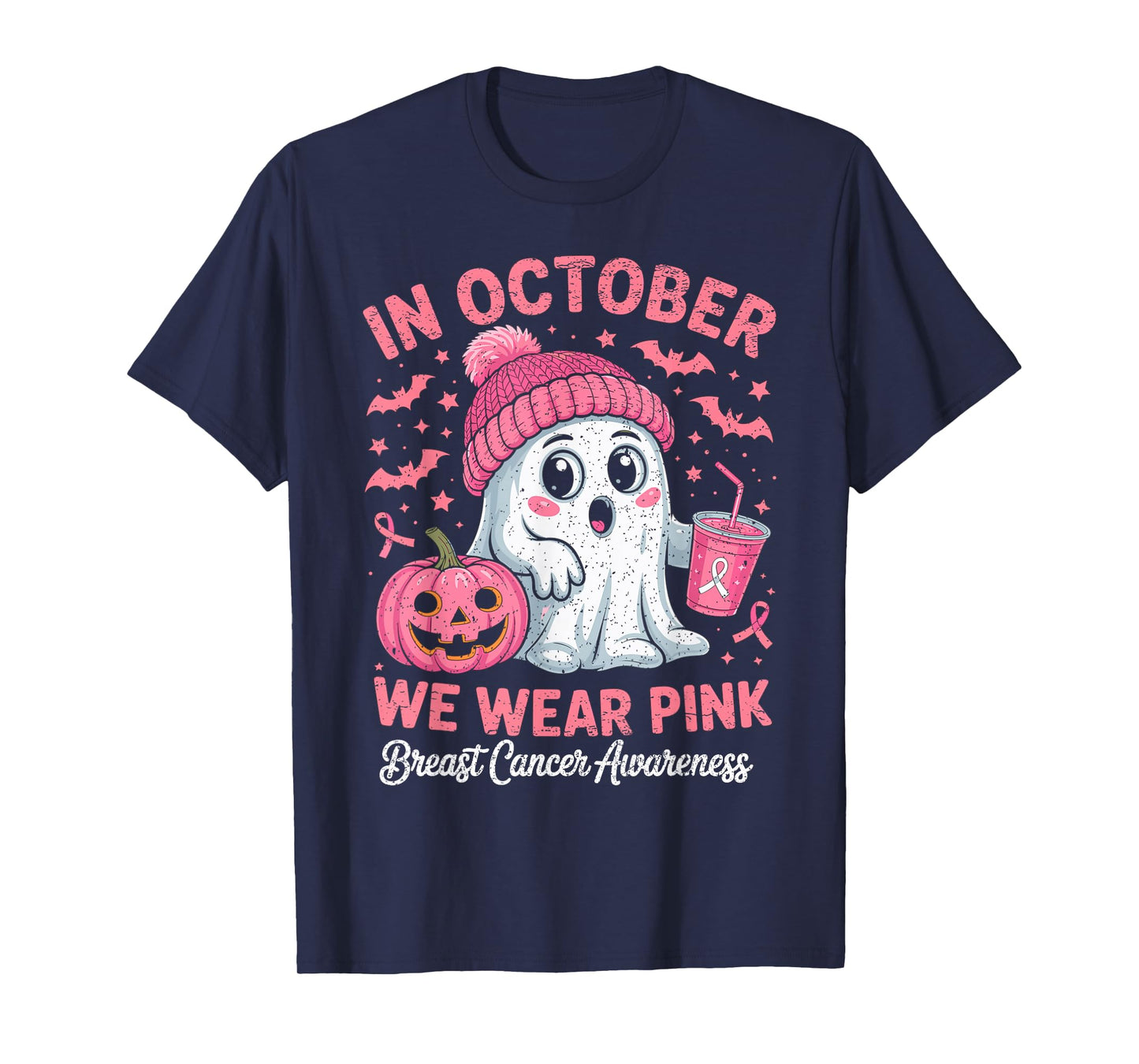 in October We Wear Pink Ghost Tea Breast Cancer Awareness T-Shirt