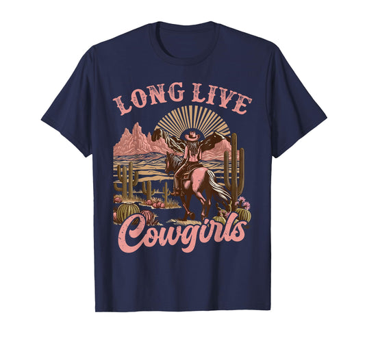 Vintage Western Country Southern Women Girls Gifts Long Live Country Cute Cowgirl Riding Horse Howdy Rodeo T-Shirt