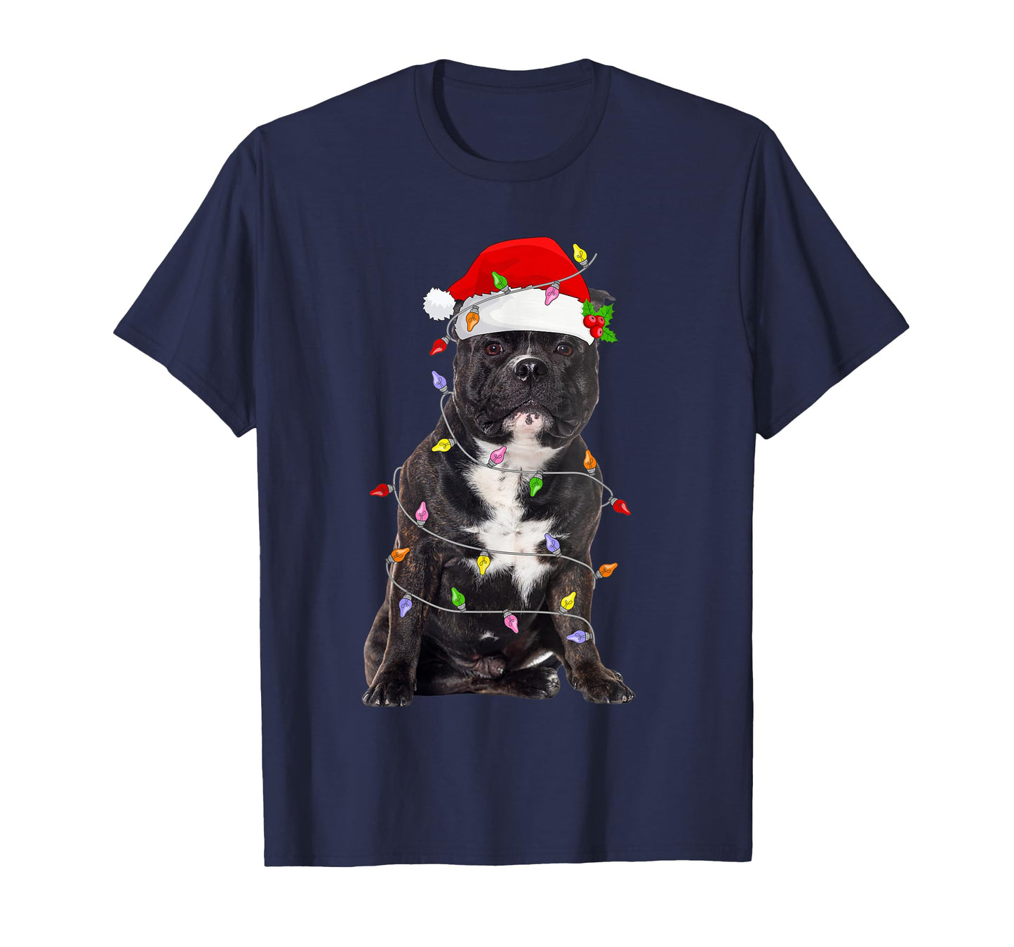 Pitbull Dog Christmas Santa Hat Lights Funny Pet Dog Xmas T-Shirt