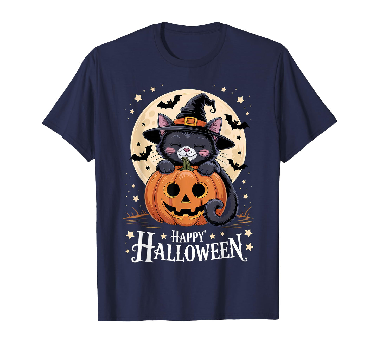 Halloween Black Cat Witch Hat Pumpkin Spooky T-Shirt