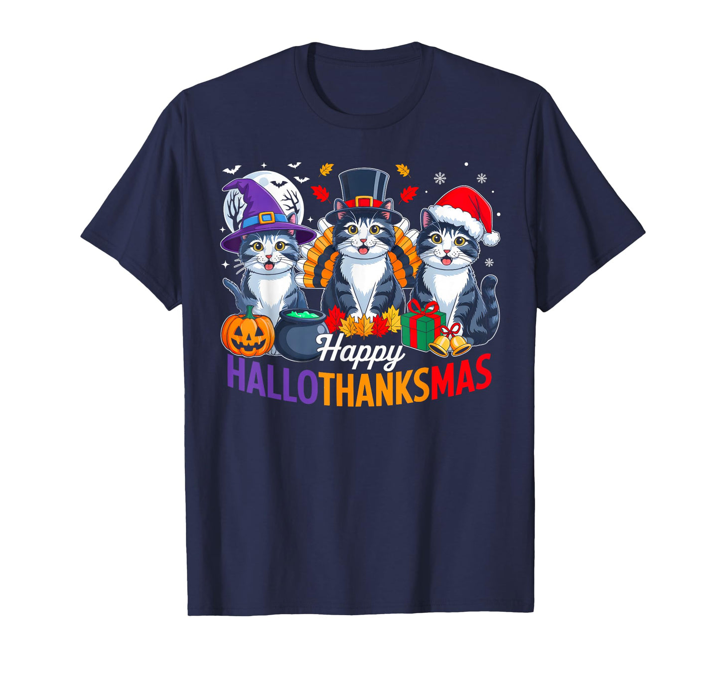 Cat Halloween Thanksgiving Christmas Happy Hallothanksmas T-Shirt
