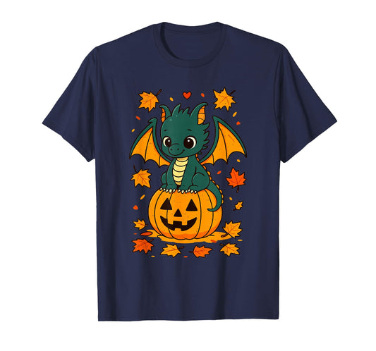 Dragon Pumpkin Halloween Cute Jack O Lantern Autumn Leaves T-Shirt