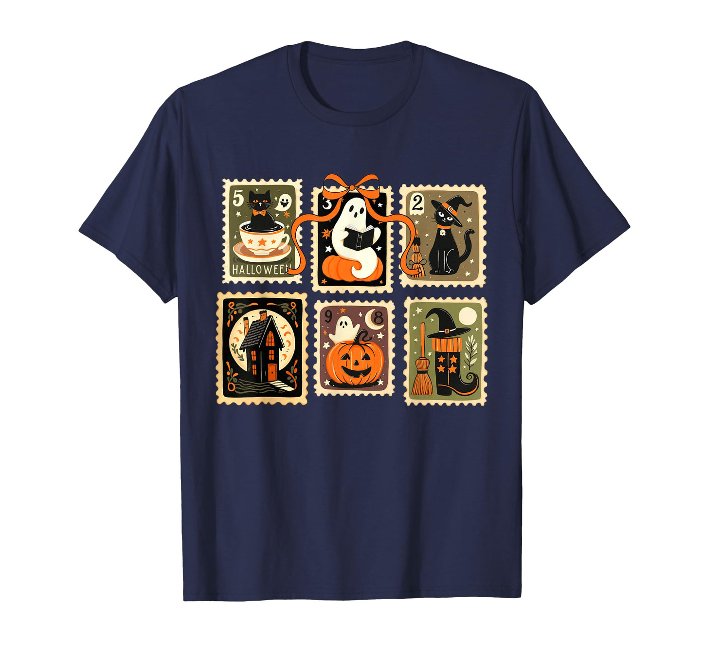Halloween Stamp Spooky Ghost Cat Pumpkin Bow Vintage T-Shirt