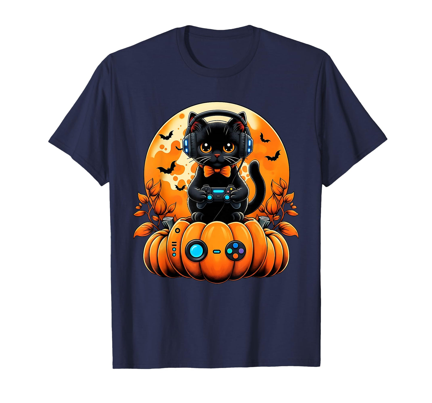 Retro Gamer Black Cat Pumpkin Halloween Fall Autumn Season T-Shirt