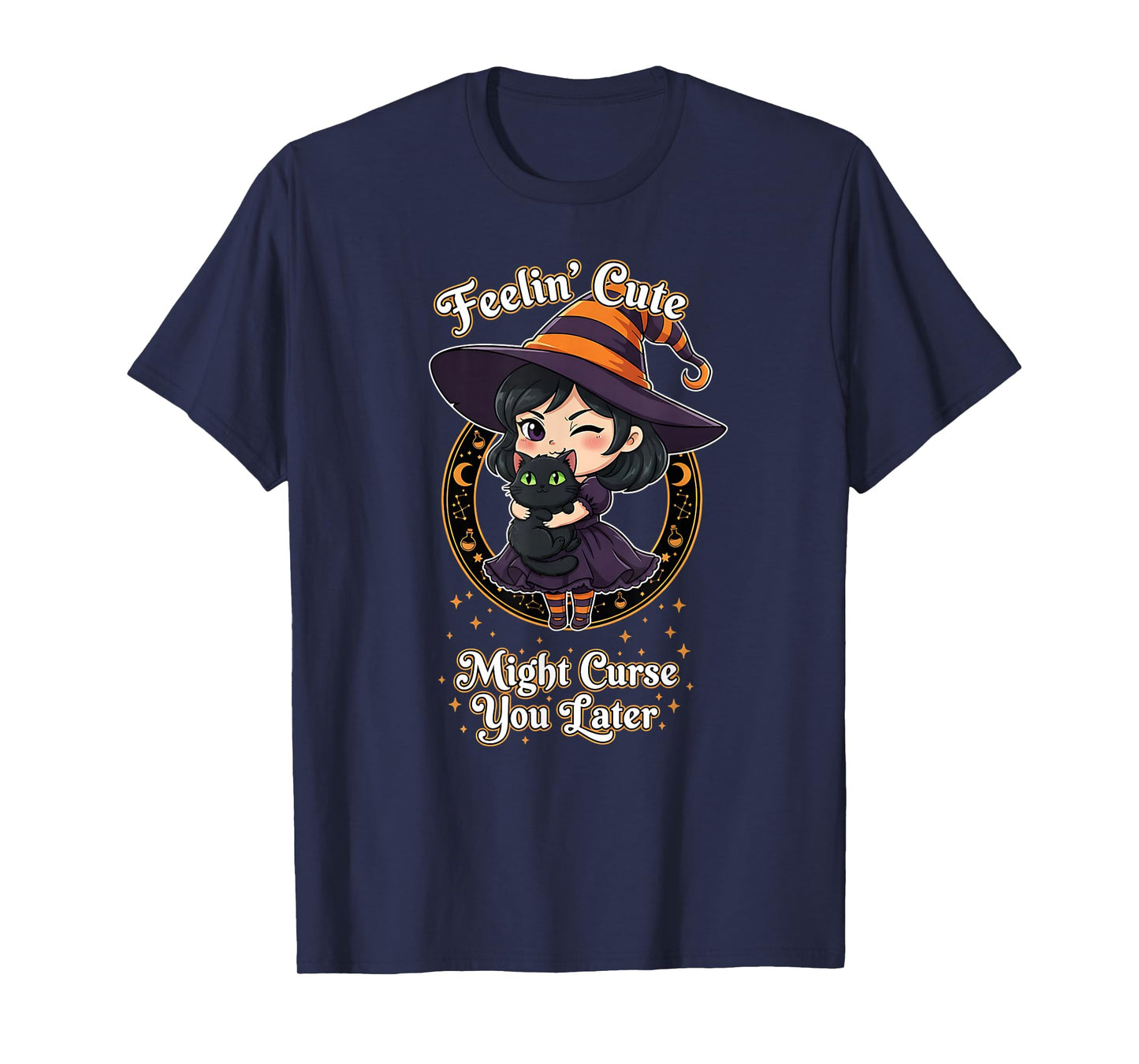 Spooky Black Colored Cat Witch T-Shirt