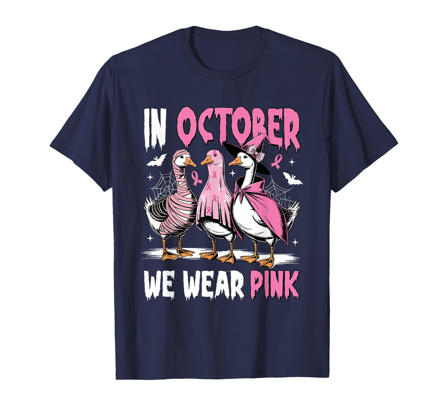 in October We Wear Pink Breast Cancer Halloween Silly Goose T-Shirt