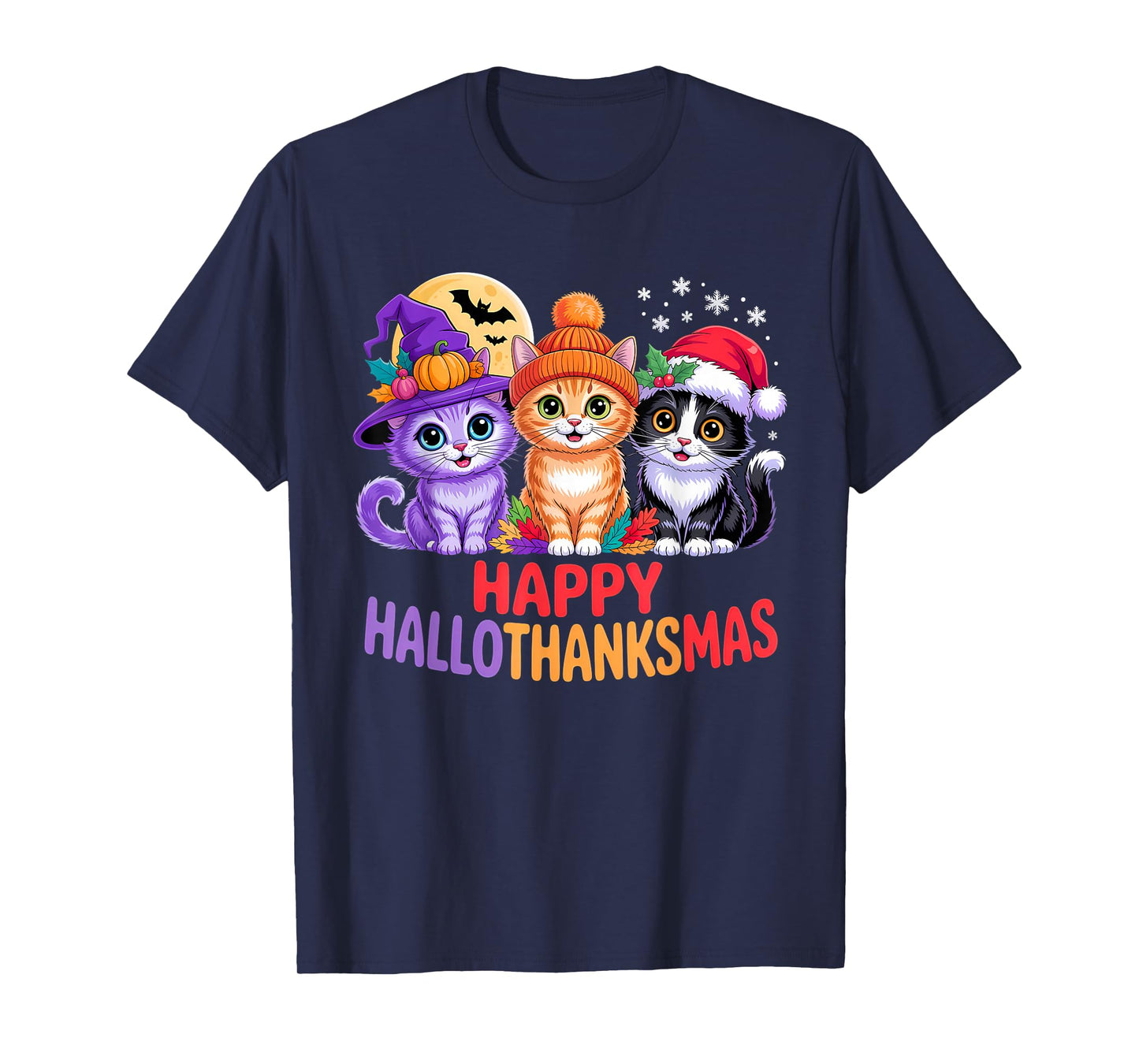 Halloween Thanksgiving Christmas Happy HalloThanksMas Cats T-Shirt