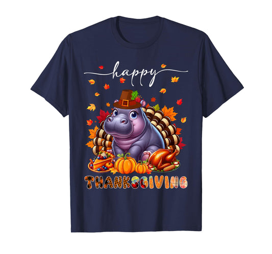 Happy Thanksgiving Hippo Costume Turkey Fall Leaves Food T-Shirt