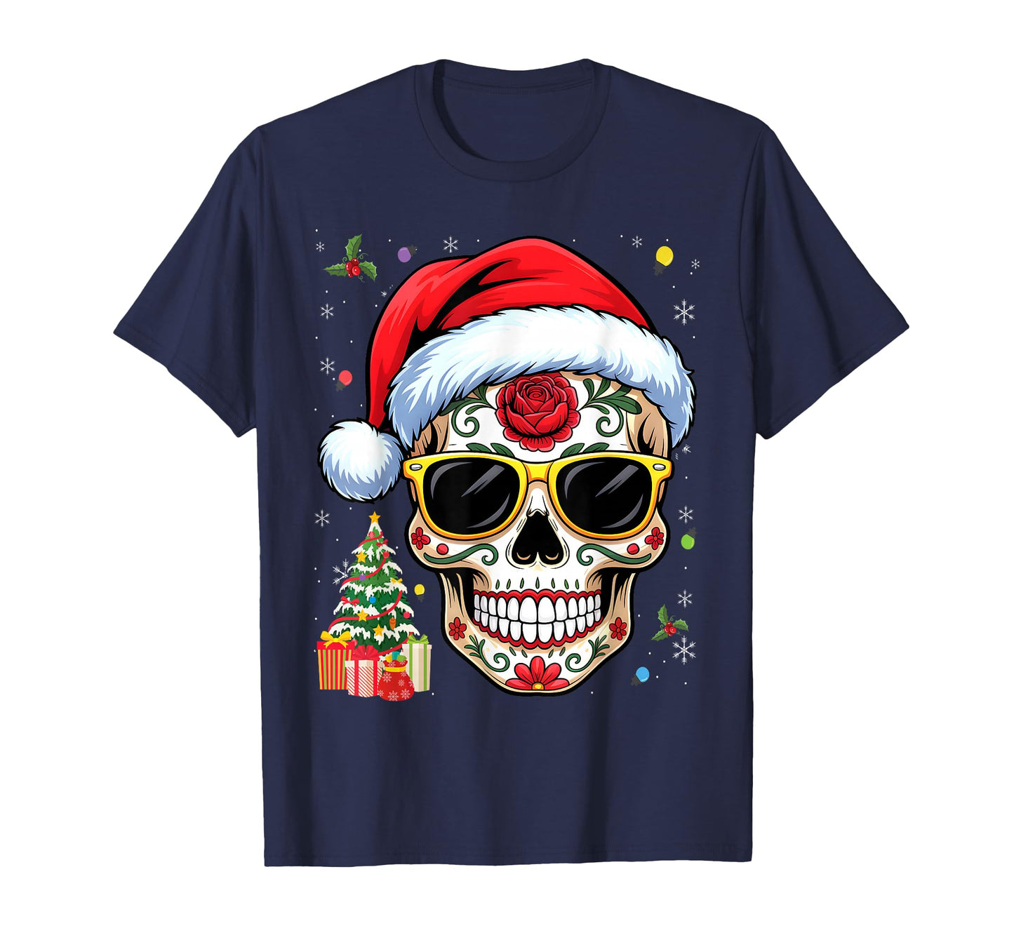 Christmas Hat Santa Day of The Dead Sugar Skull Party T-Shirt