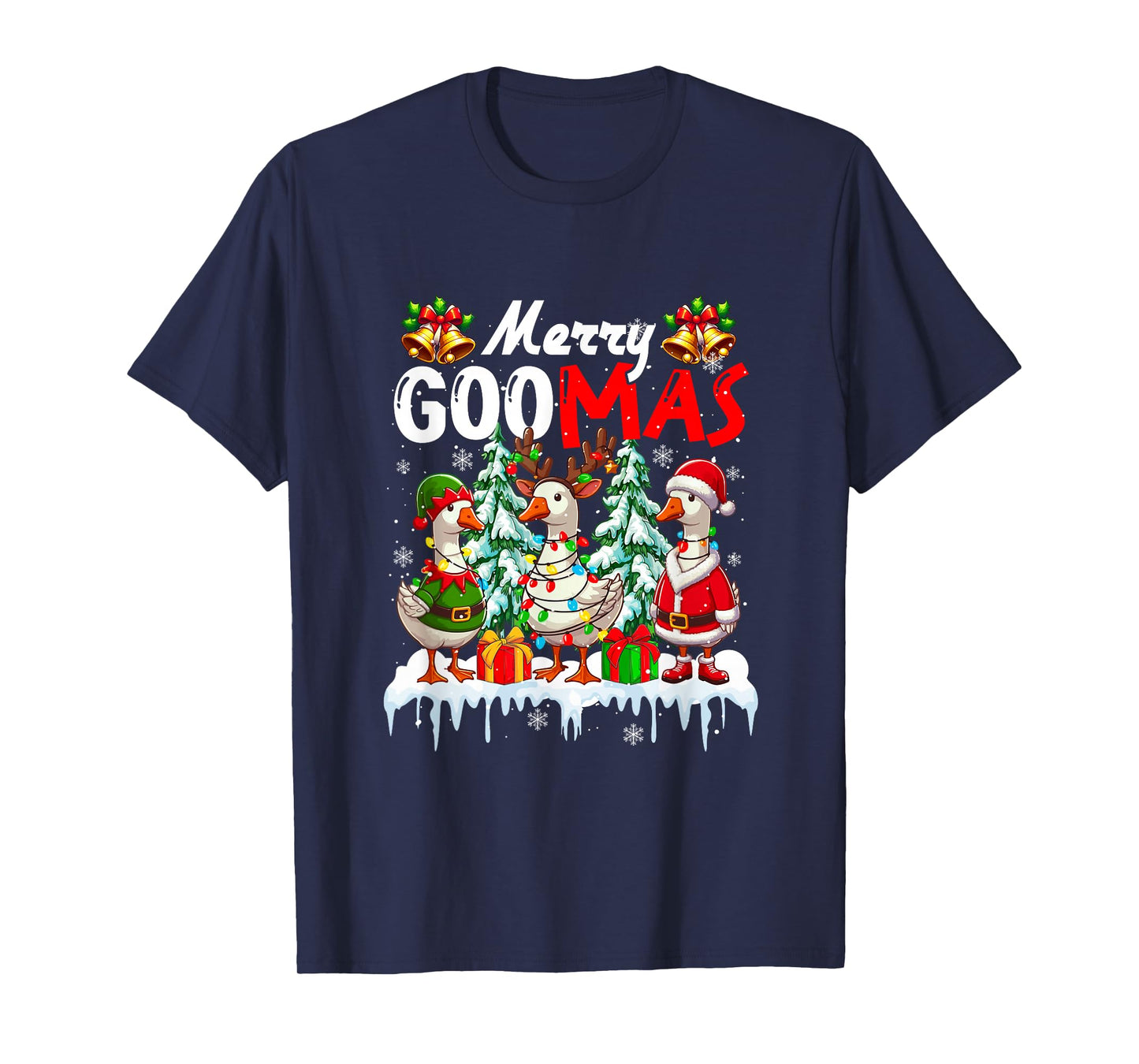 Merry Christmas Snow Three Santa Reindeer Elf Gooses Farmer T-Shirt