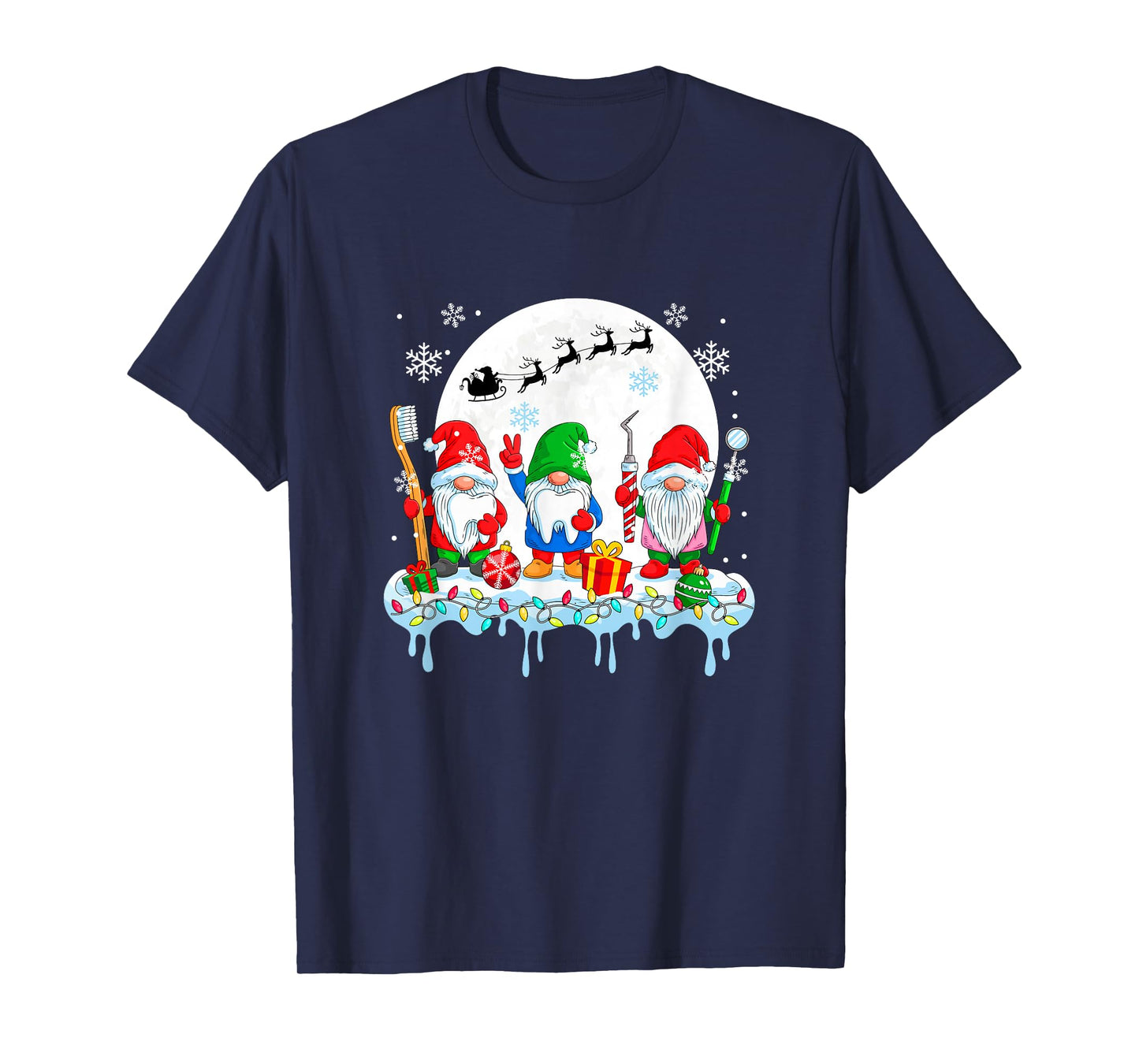 Three Colorful Gnomes with Dentist Tools Christmas Job Team T-Shirt