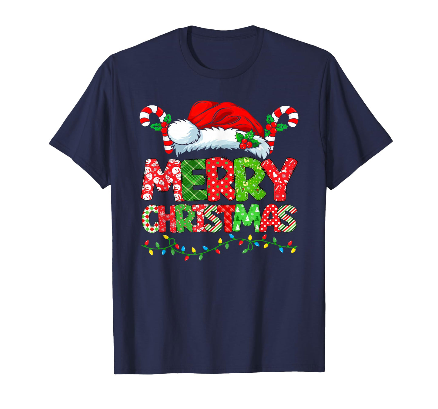 Merry Christmas Santa Hat Candy Cane Festive Holiday Lights T-Shirt