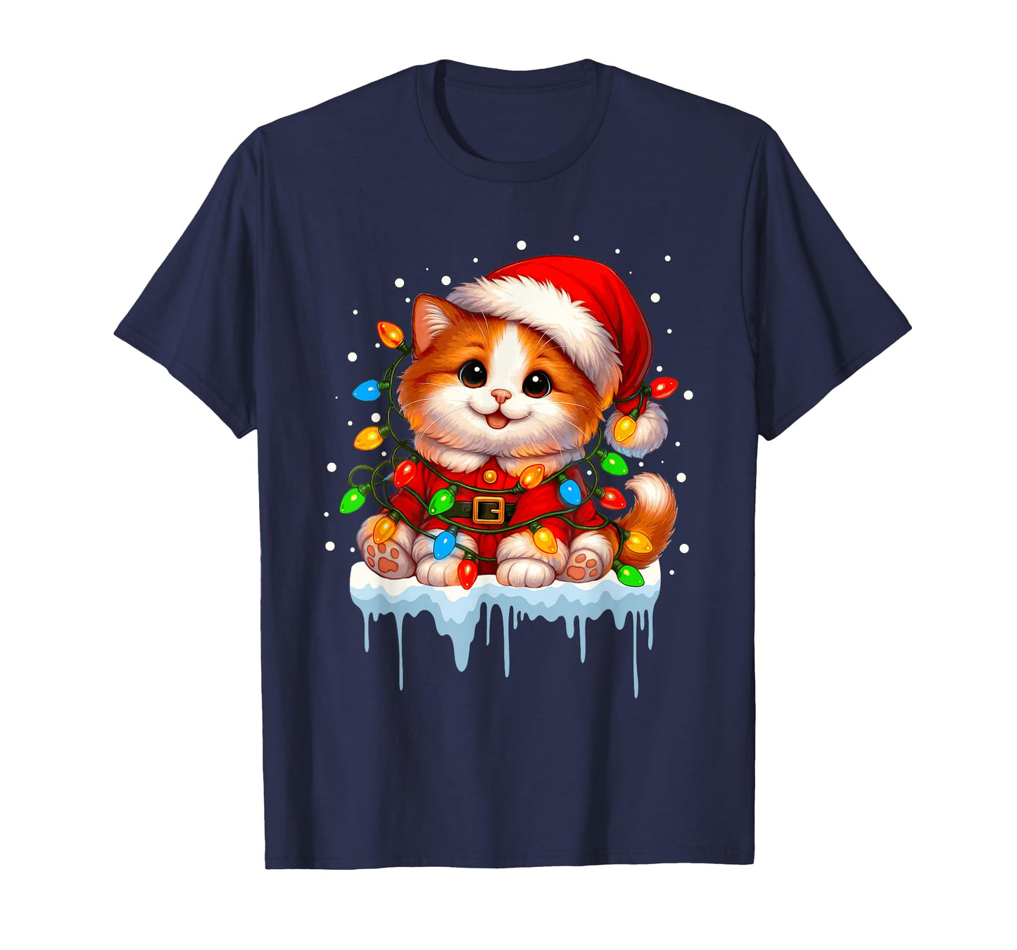 Santa Cat Christmas Tree Lights Holiday Xmas Men Women Kids T-Shirt