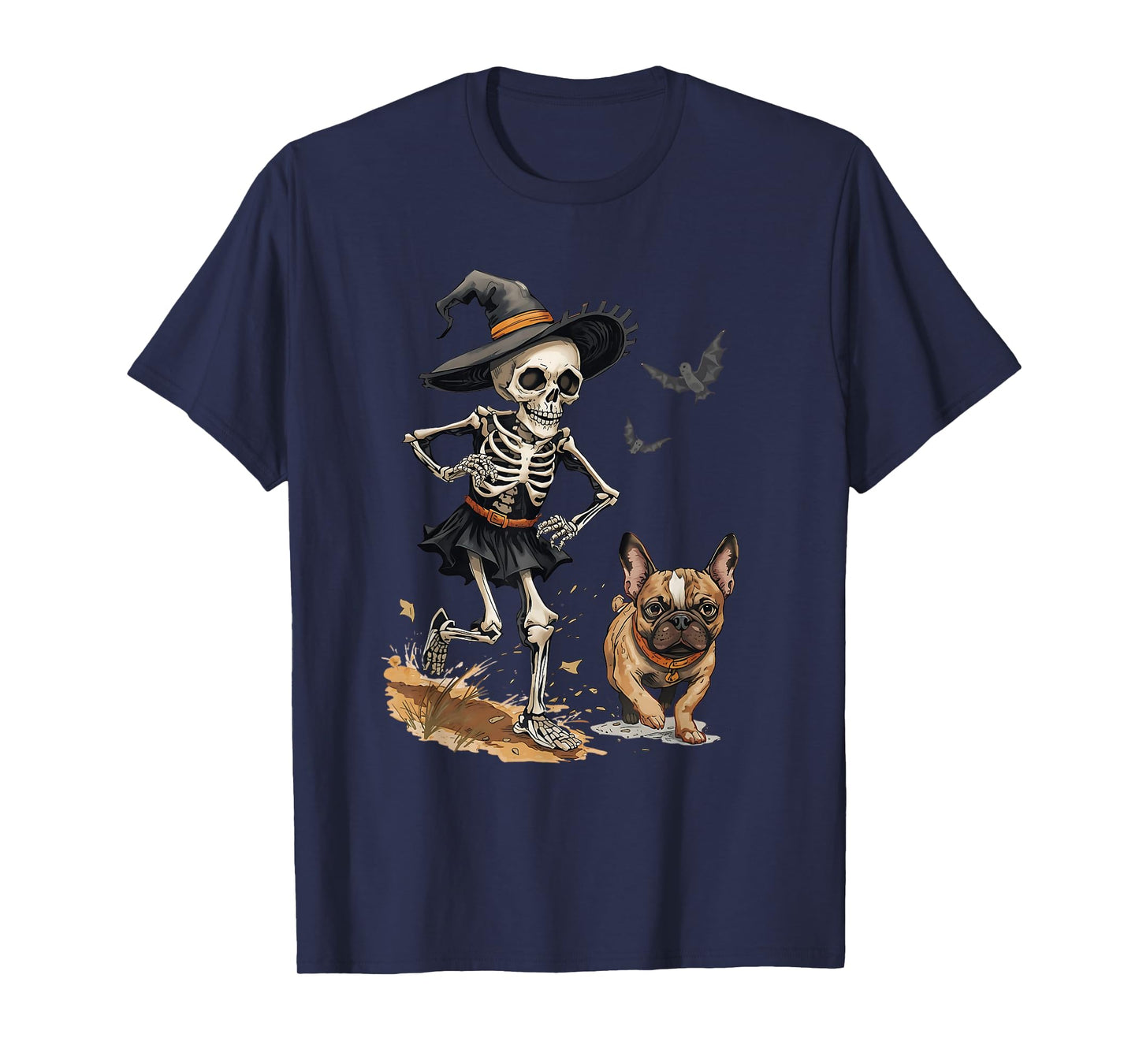 Funny Halloween Spooky Frenchie & Witch Skeleton T-Shirt