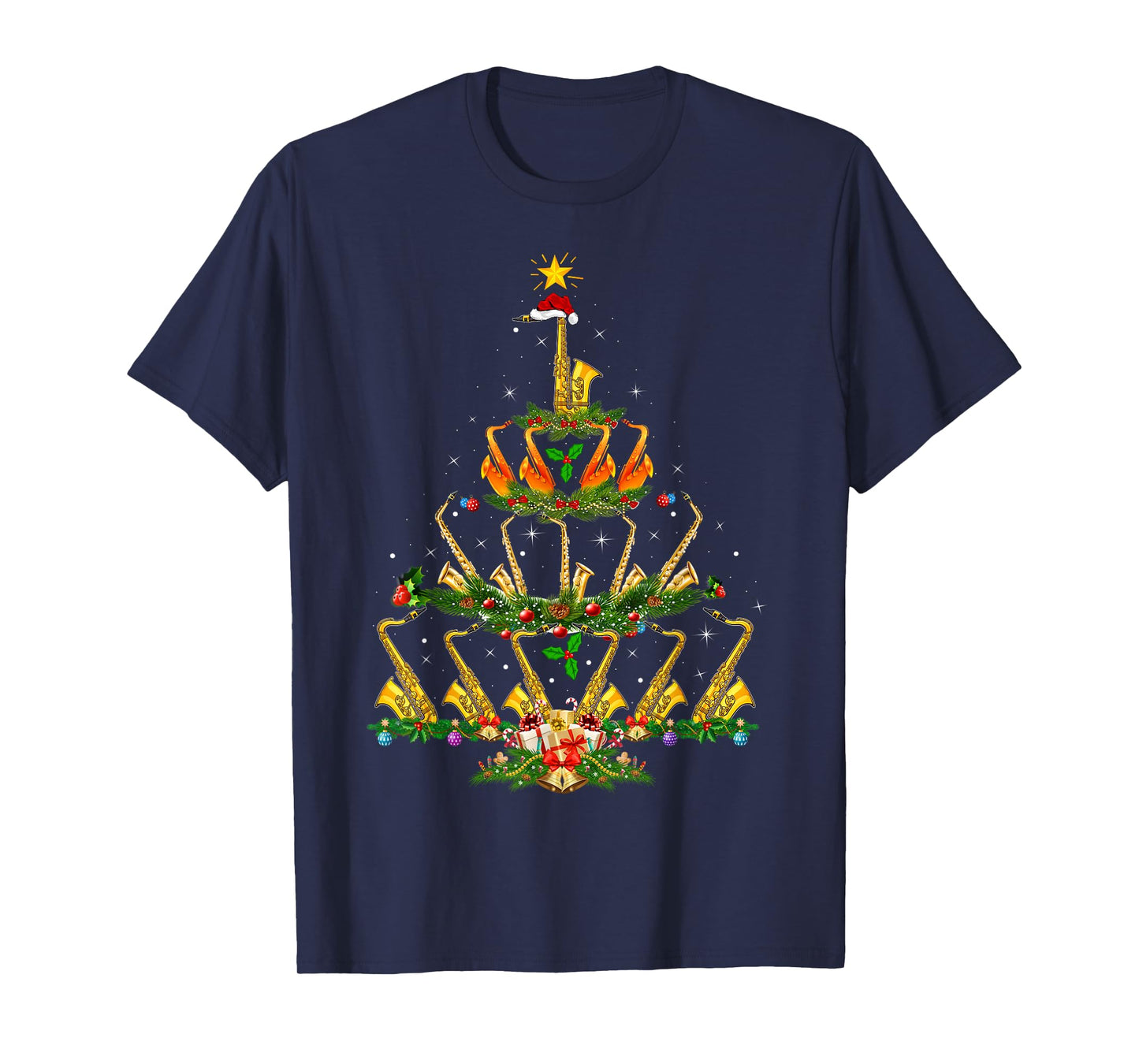 Saxophone Christmas Tree Lights Music Lover Musical Xmas T-Shirt