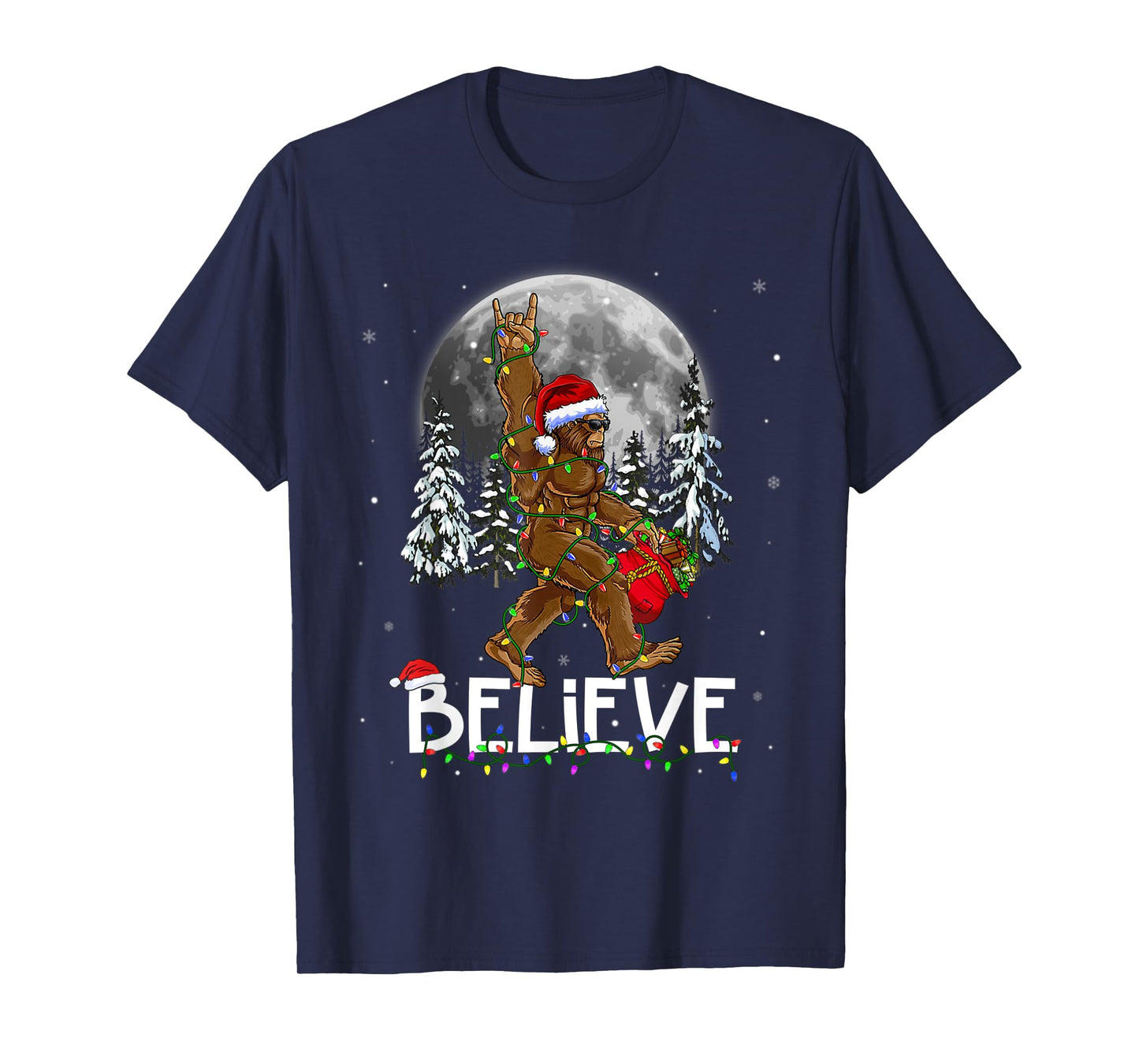 Santa Bigfoot Christmas Lights Funny Sasquatch Believe Xmas T-Shirt
