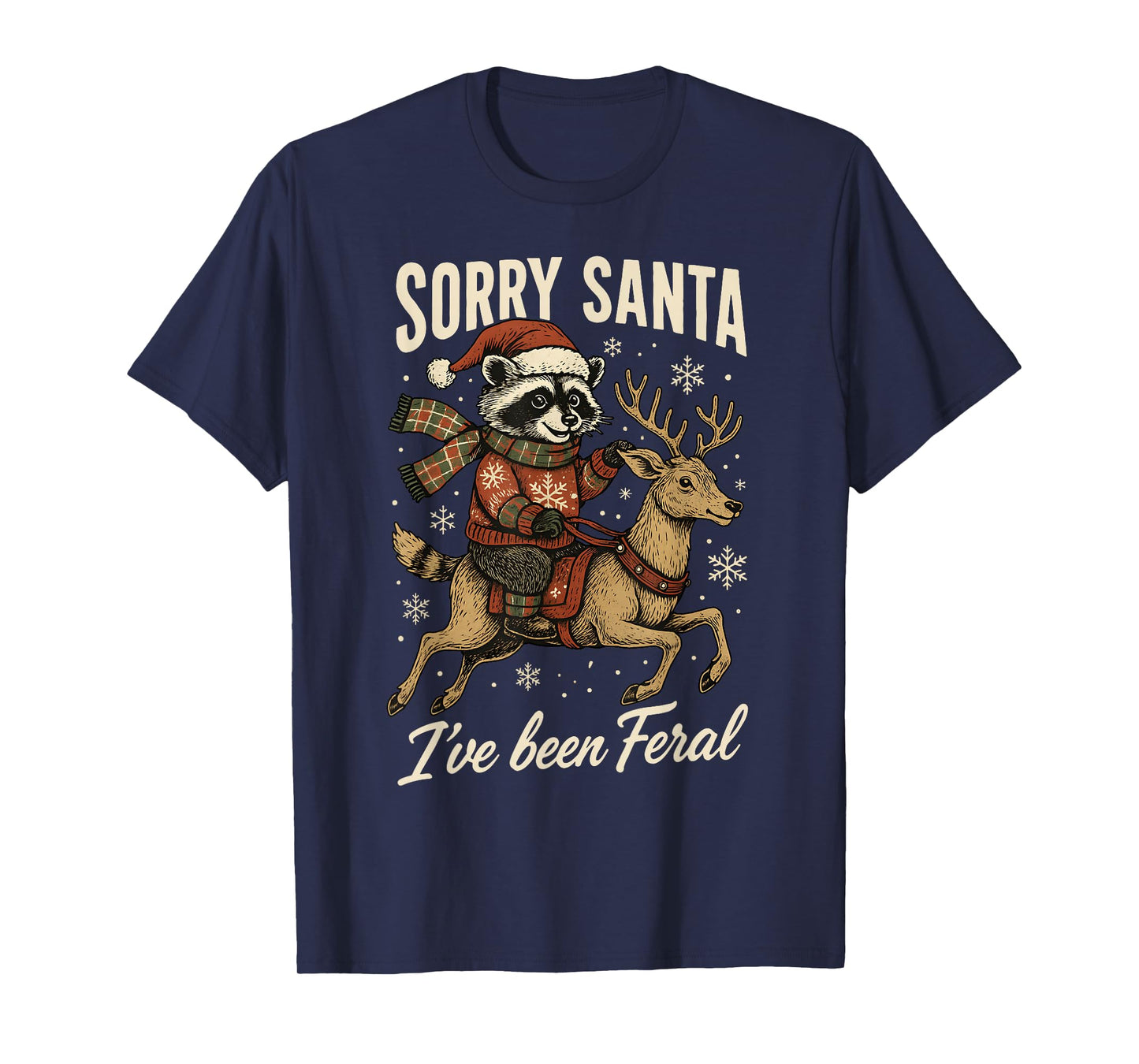 Raccoon Christmas Sorry Santa I've Been Feral Cute Santa Hat T-Shirt