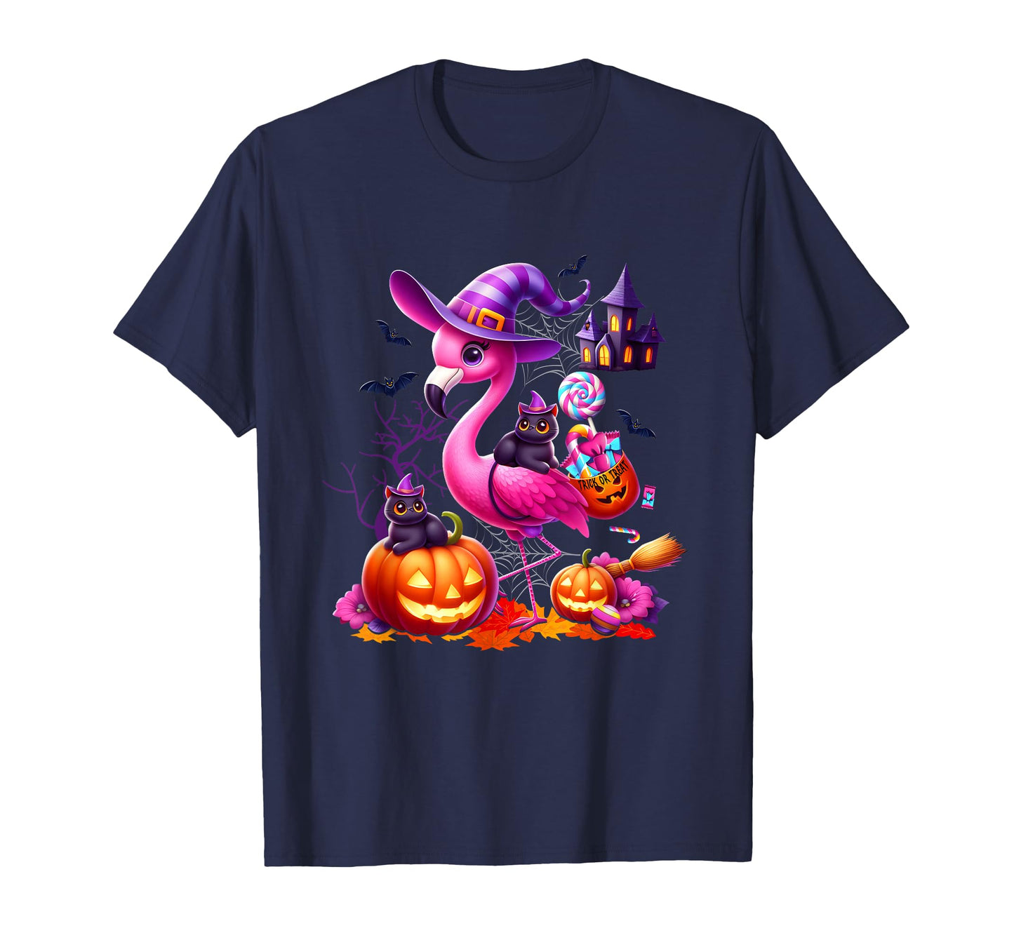 Black Cat Halloween Costume Trick Or Treat Witch Flamingo T-Shirt