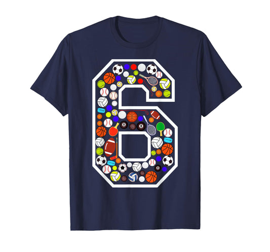 Kids 6th Birthday Sports Big Number Six 6 Year Old Boy T-Shirt