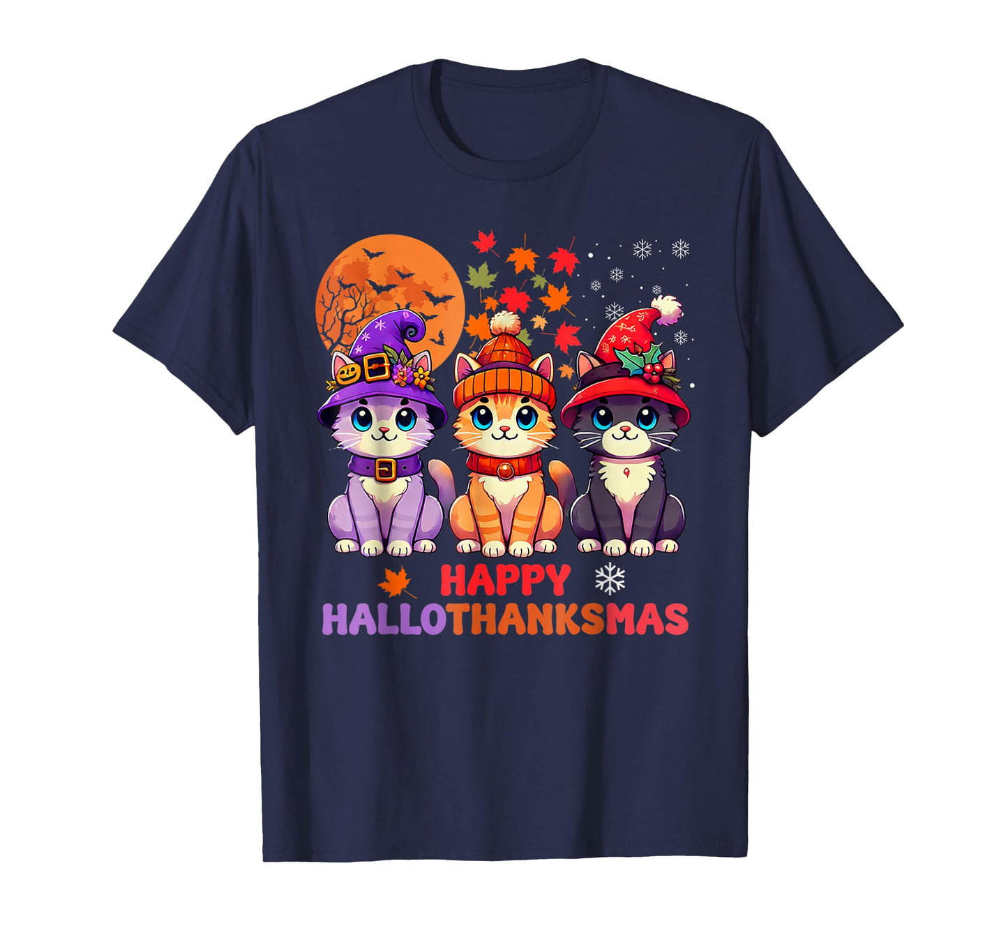 Halloween Thanksgiving Christmas Happy HalloThanksMas Cats T-Shirt