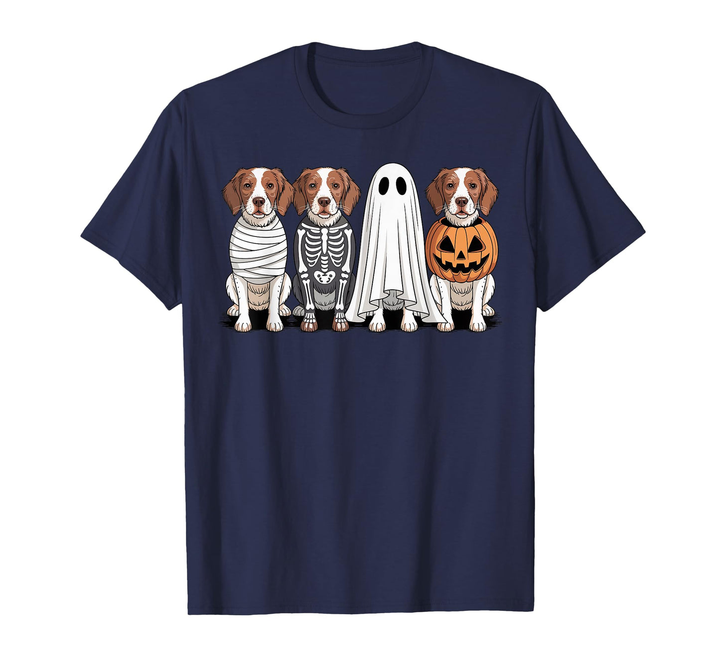 Spooky Ghost Brittany Spaniel Pumpkin Halloween Dog Skeleton T-Shirt