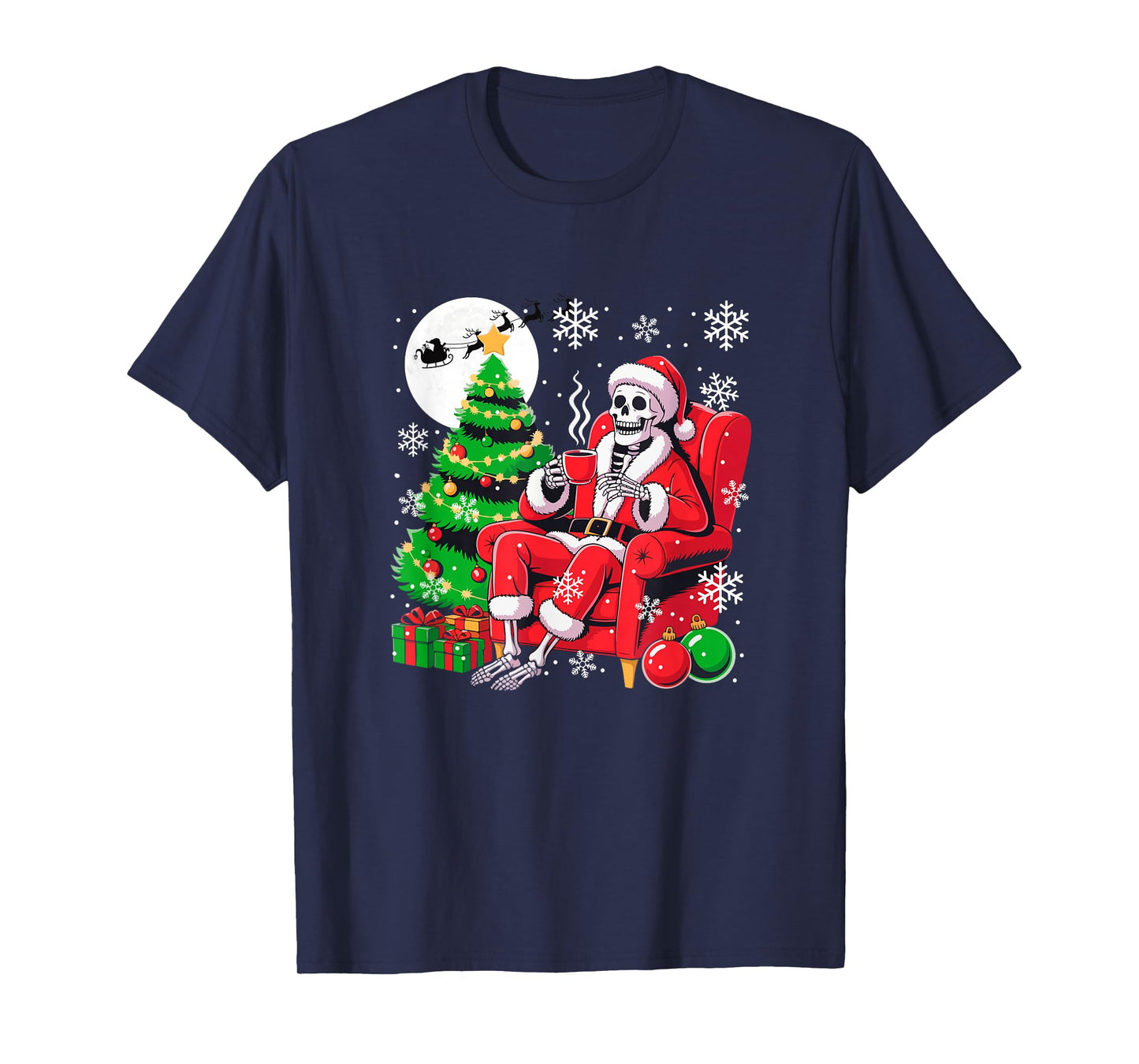 Santa Skeleton Drinking Coffee Xmas Tree Colorful Lights T-Shirt
