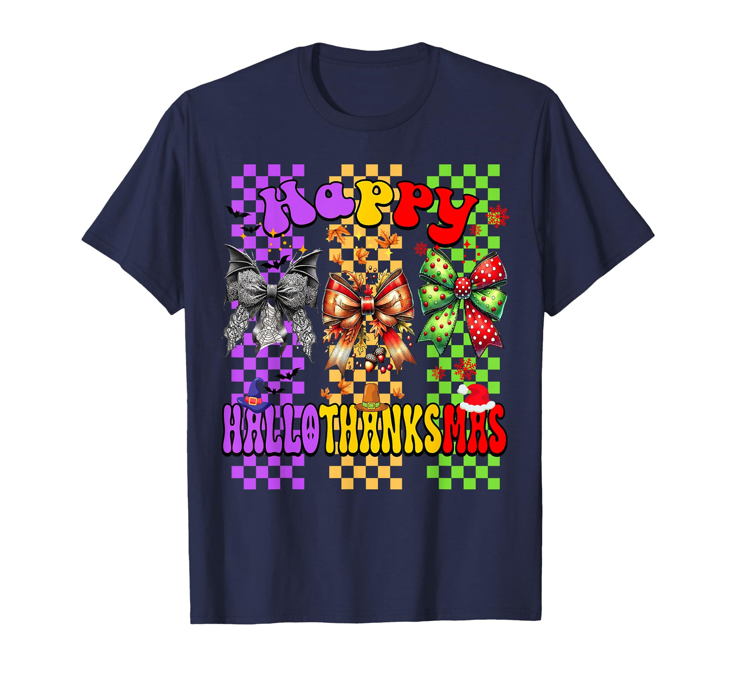 Hallothanksmas Coquette Bow Halloween Thanksgiving Christmas T-Shirt