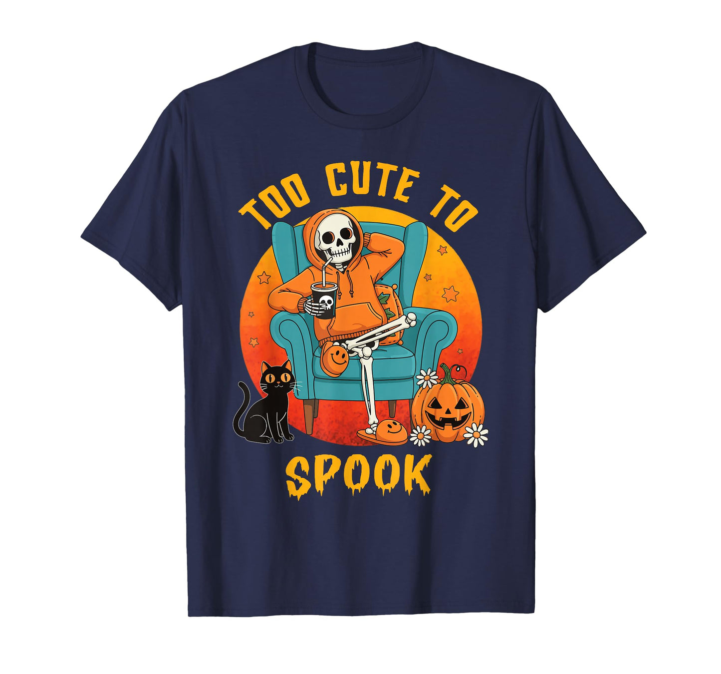Too Cute to Spook Skeleton Halloween Black Cat Lover Mom Dad T-Shirt