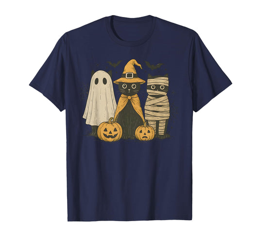 Black Cat Witch Ghost Scary Halloween Pumpkin Men Kids Gifts T-Shirt