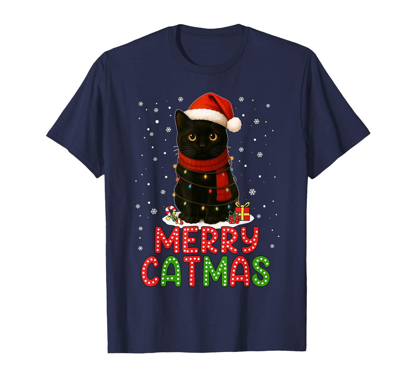 Merry Catmas Santa Hat Funny Black Cat Christmas Women Kids T-Shirt