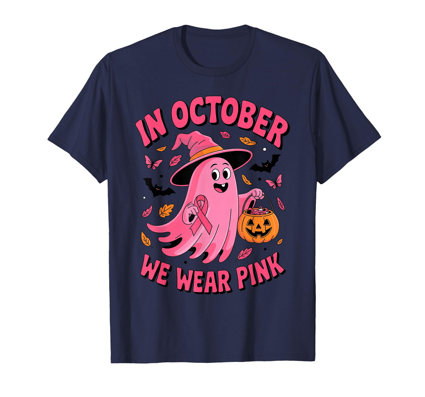 in October We Wear Pink Breast Cancer Ghost Witch Pumpkin T-Shirt