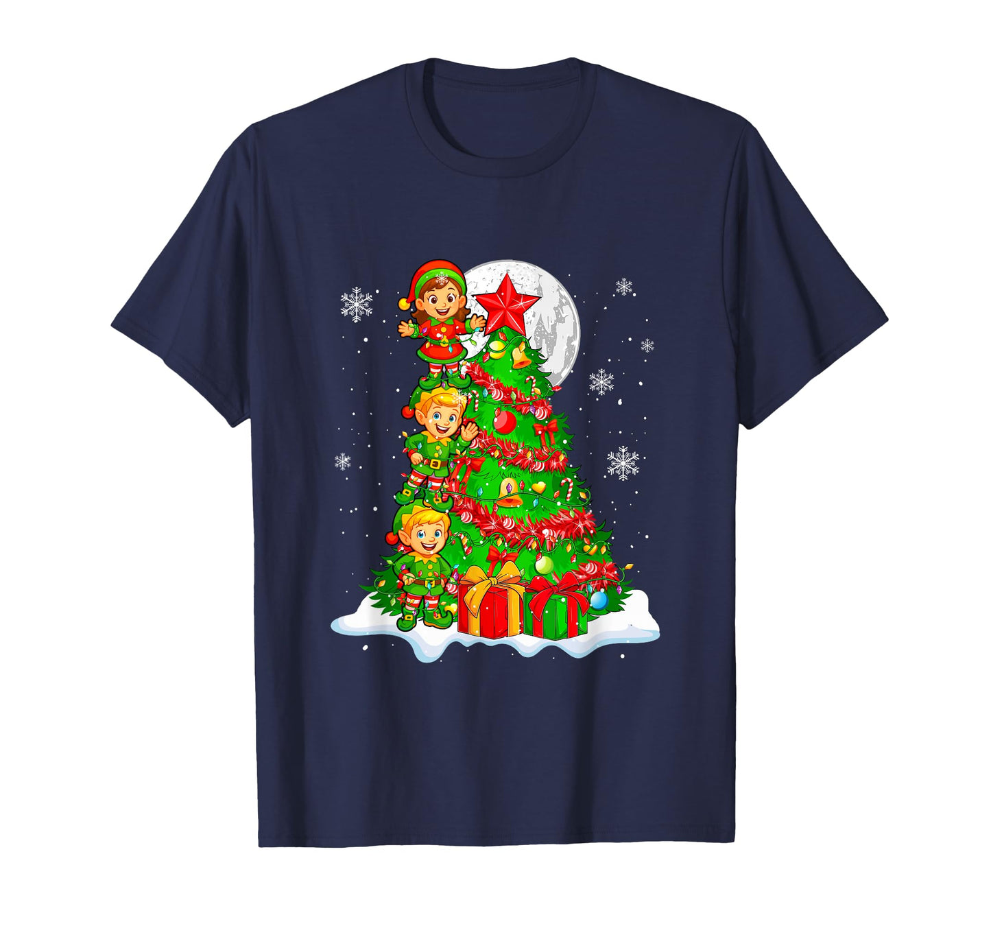 Three Cute Elf Decorating Christmas Tree Colorful Lights T-Shirt