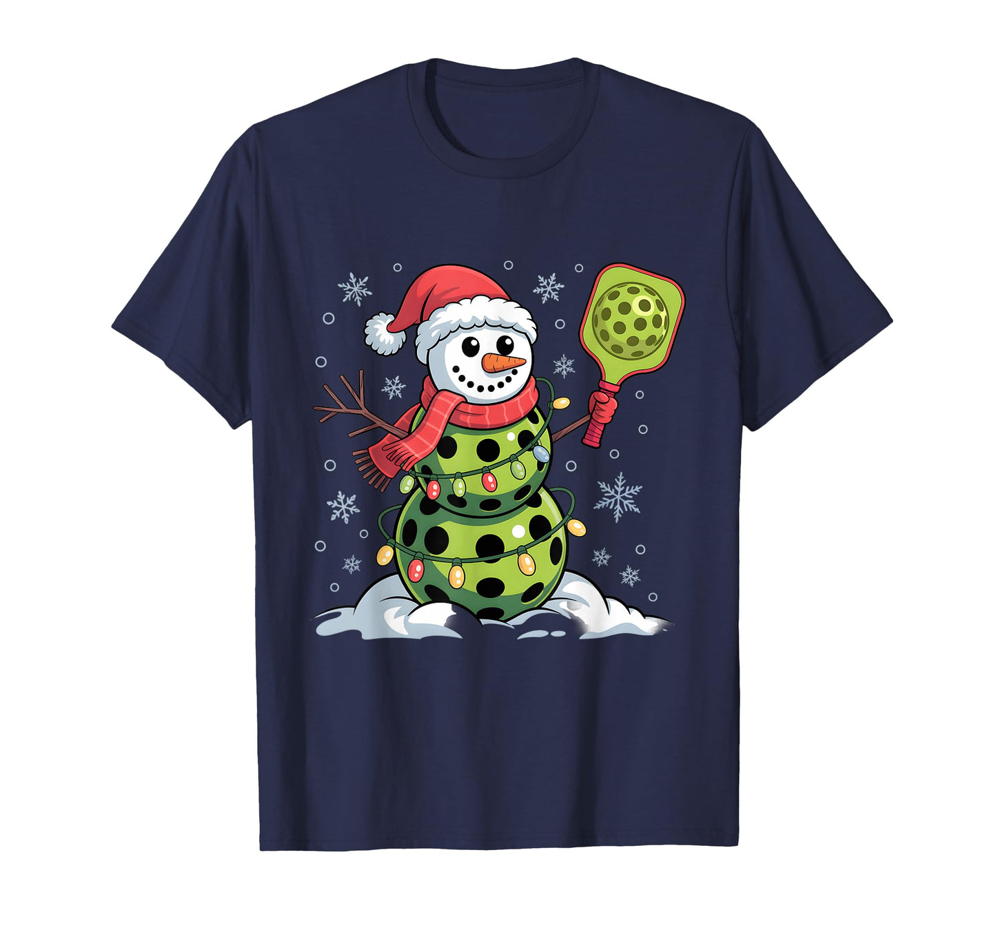 Pickleball Player Snowman Christmas Lights Santa Men Women T-Shirt