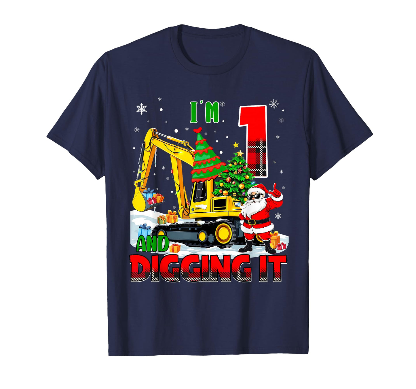 I'm 1 Construction 1st Birthday Kid Boy Xmas Excavator Santa T-Shirt