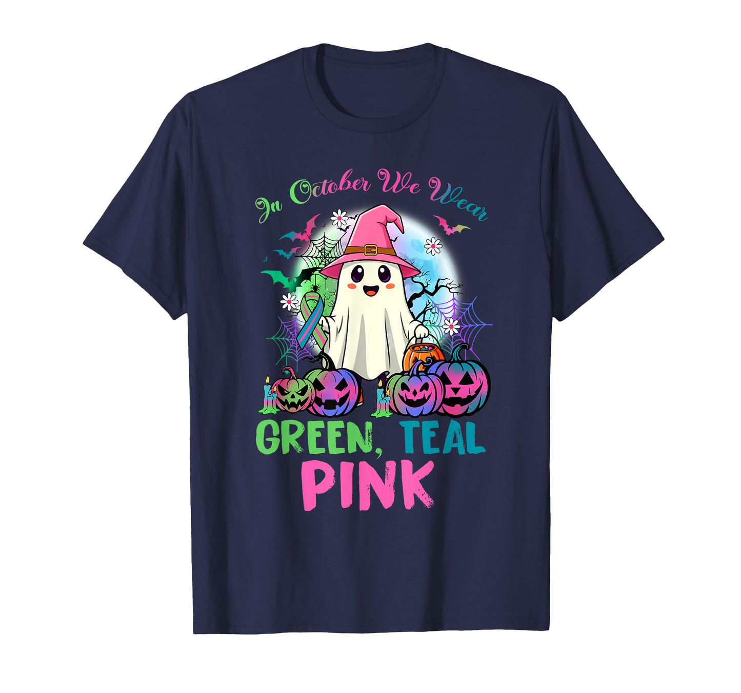 in October We Wear Teal Pink Halloween Metastatic Breast Can T-Shirt