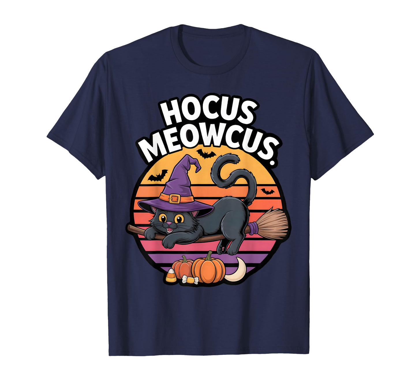 Hocus Meowcus Black Cat Witch Hat Broom Pumpkin Halloween T-Shirt