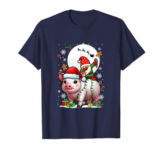 Dabbing Gnome On Pig Christmas Santa Colorful Lights T-Shirt