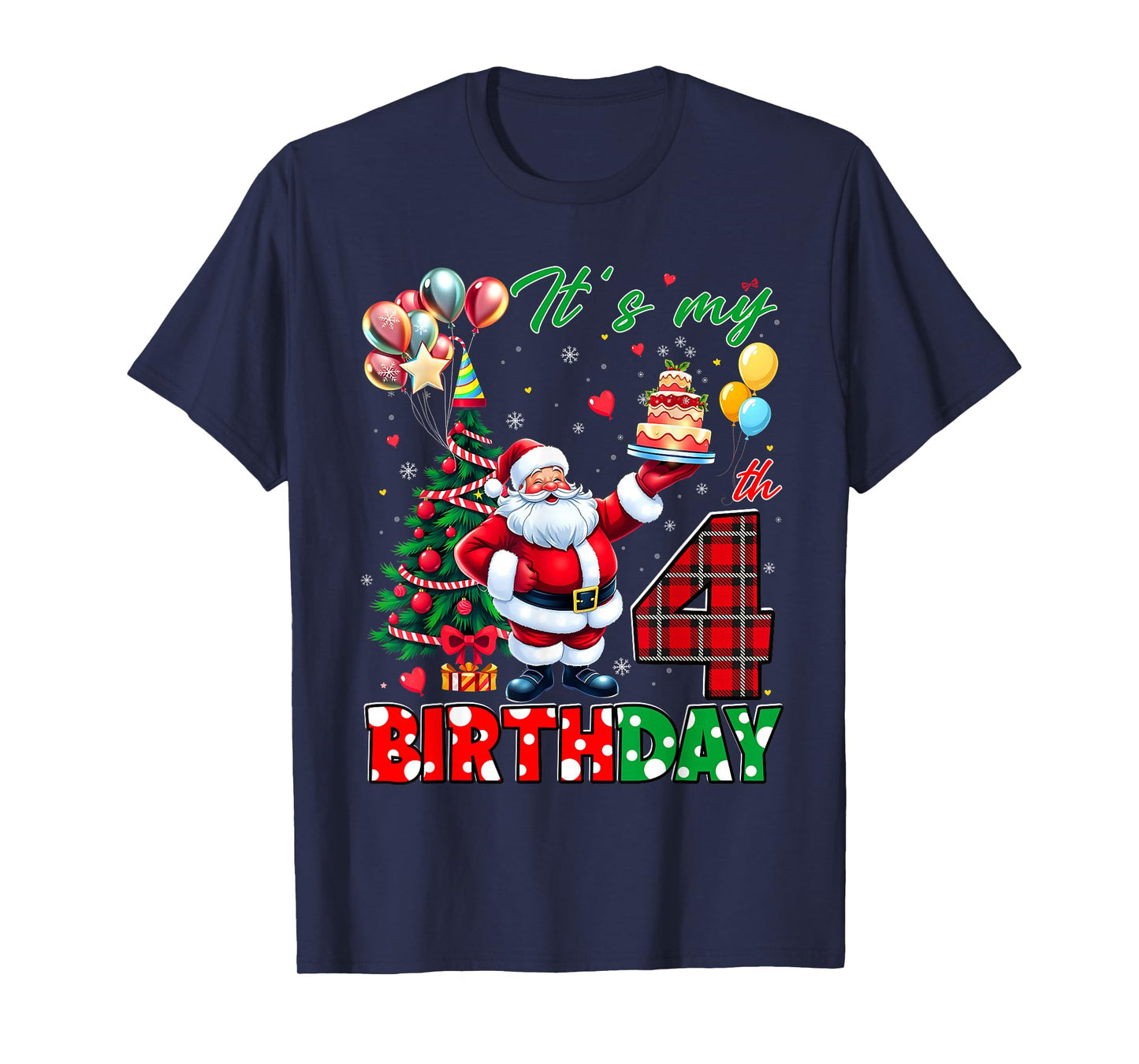 Kids It's My 4th Birthday Cute Santa Christmas 4 Years Old T-Shirt