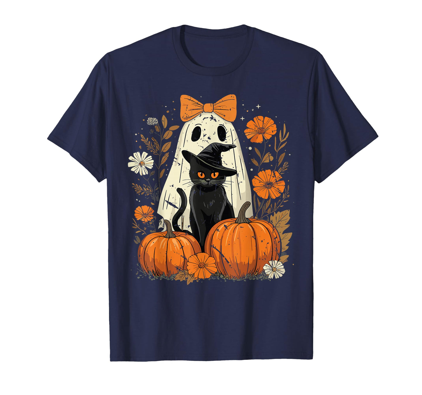 Vintage Black Cat Ghost Halloween Shirt Cute Spooky Outfit T-Shirt