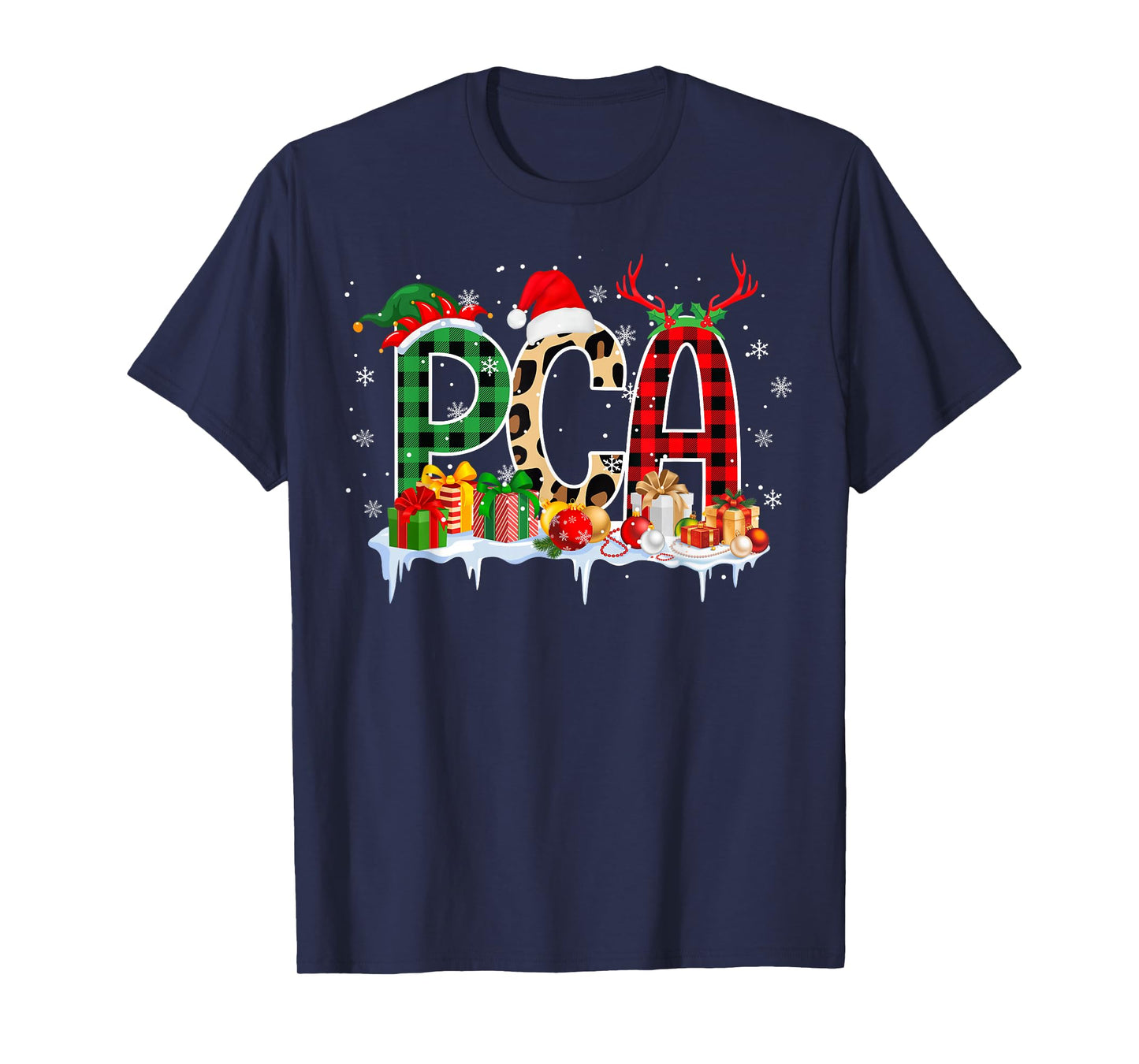 Leopard Red Plaid PCA Nursing Santa Hat Reindeer Christmas T-Shirt