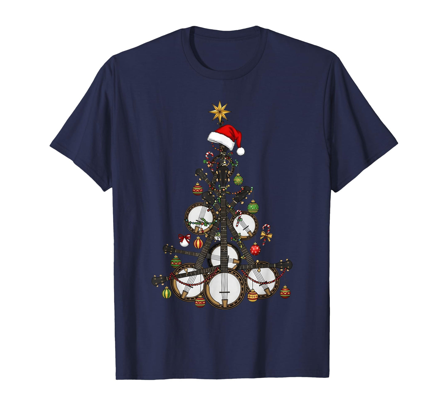 Funny Banjo Player Christmas Tree Santa Musician Xmas Men T-Shirt