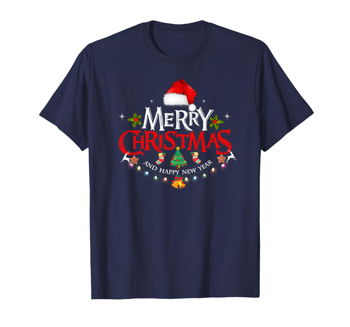 Merry Christmas Lights Red Santa Hat Xmas and Happy New Year T-Shirt