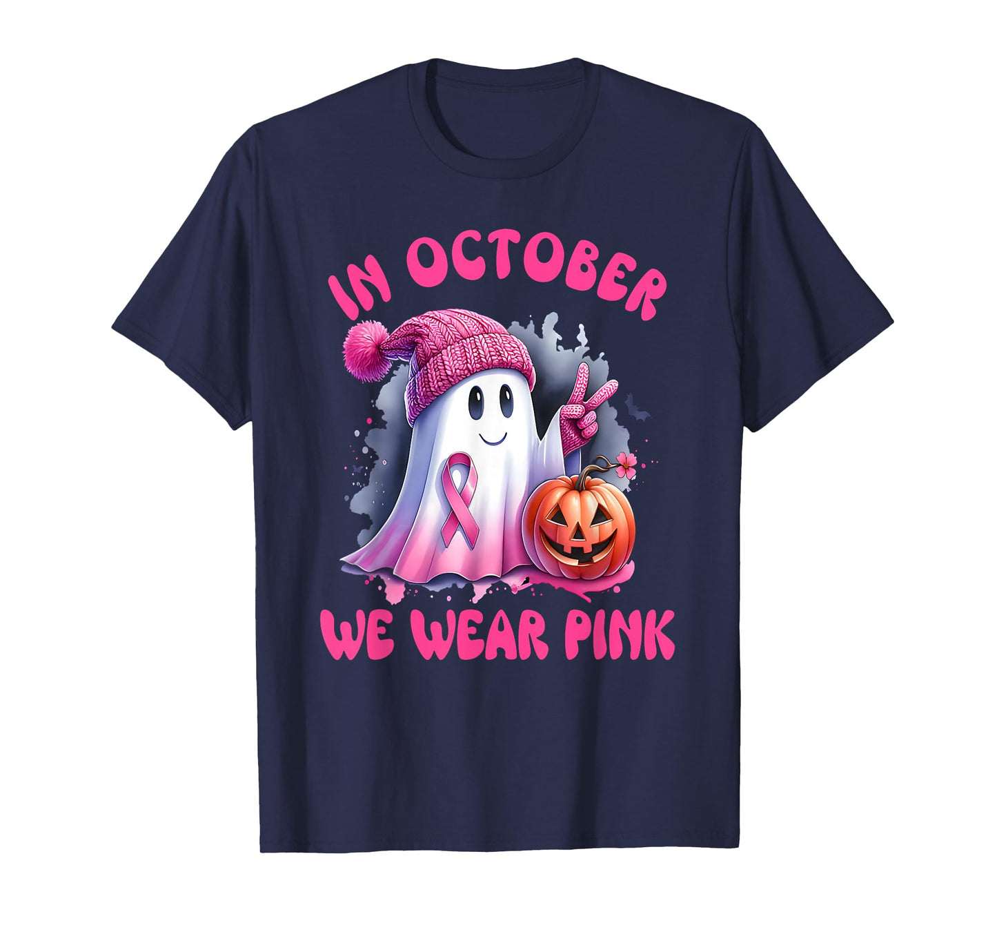 in October We Wear Pink Ghost Witch Breast Cancer Awareness T-Shirt