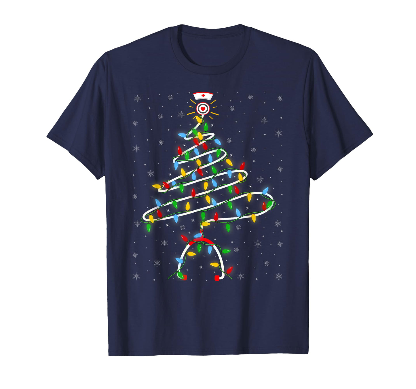 Nurse Stethoscope Christmas Tree Lights Funny Nursing Xmas T-Shirt