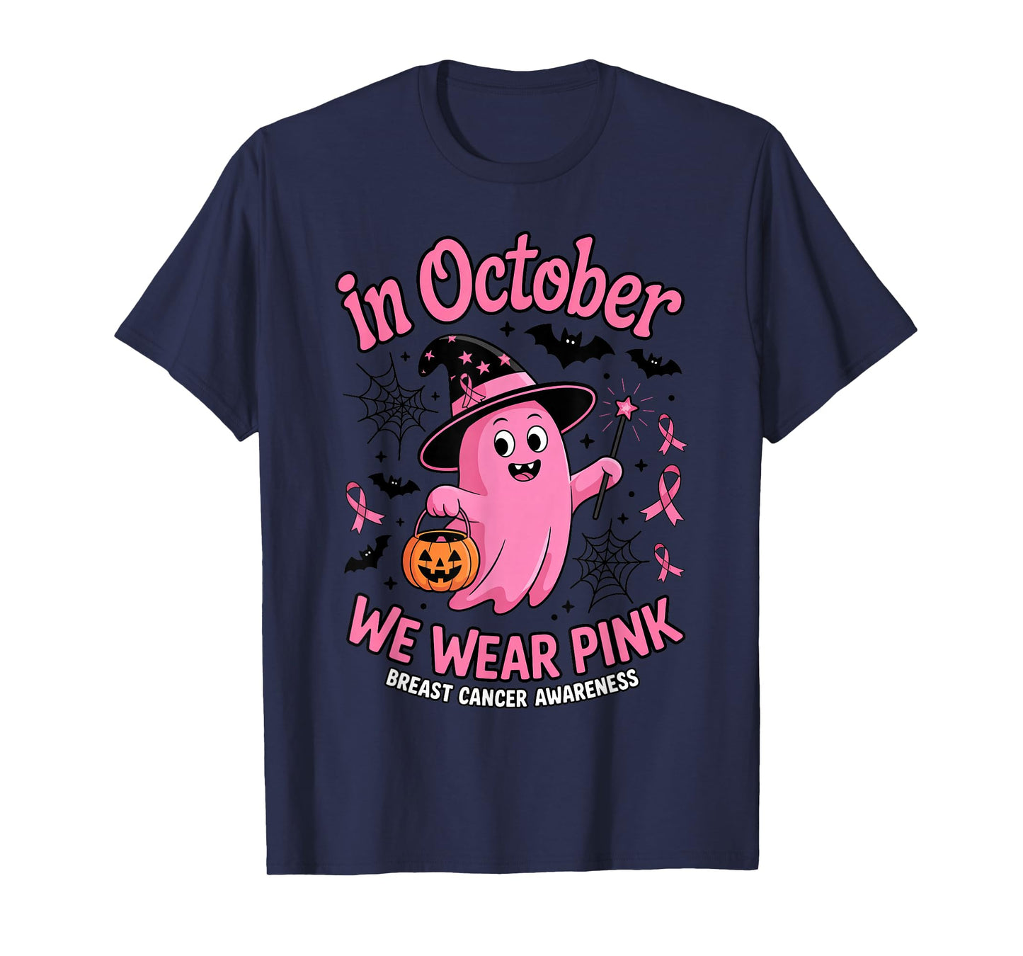 Ghost Witch in October We Wear Pink Halloween Breast Cancer T-Shirt